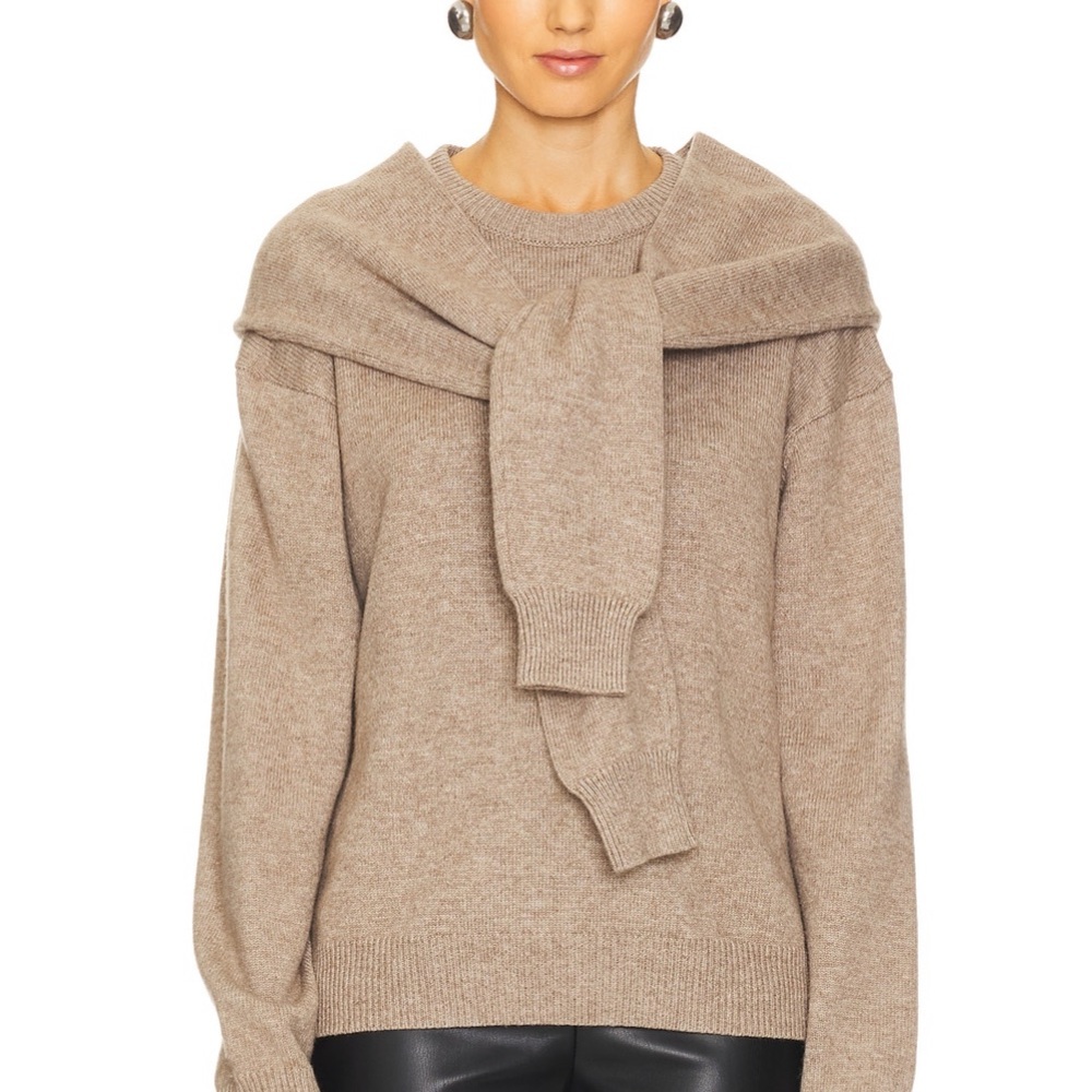 New WO Tags Astr Tan Crew Neck Sweater with Draped Collar